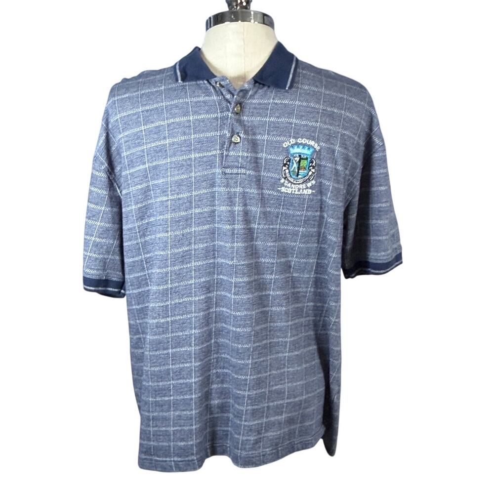VTG St Andrews Old Course Scotland Golf Polo Shirt Blue Gray Plaid Men’s XL